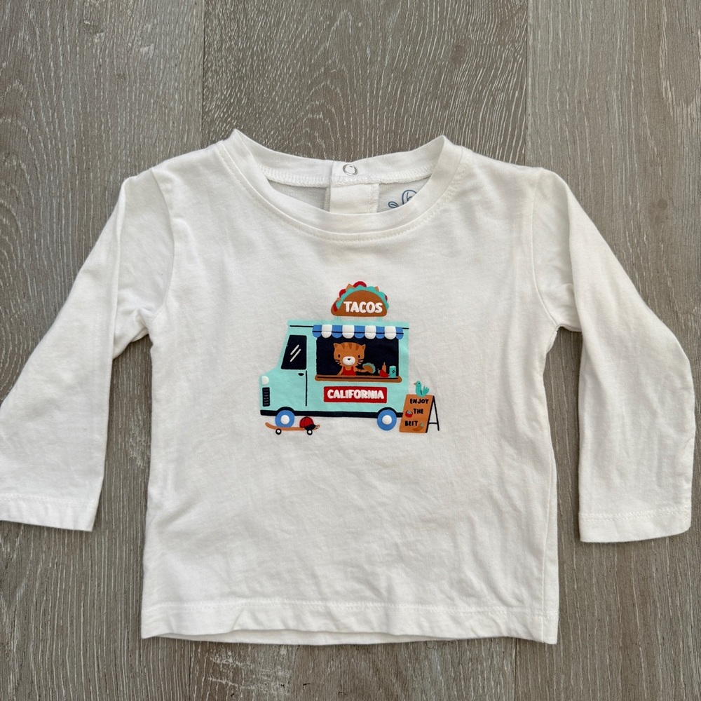 Baby 6M White Long Sleeve Shirt 100% Cotton with Taco Truck Design